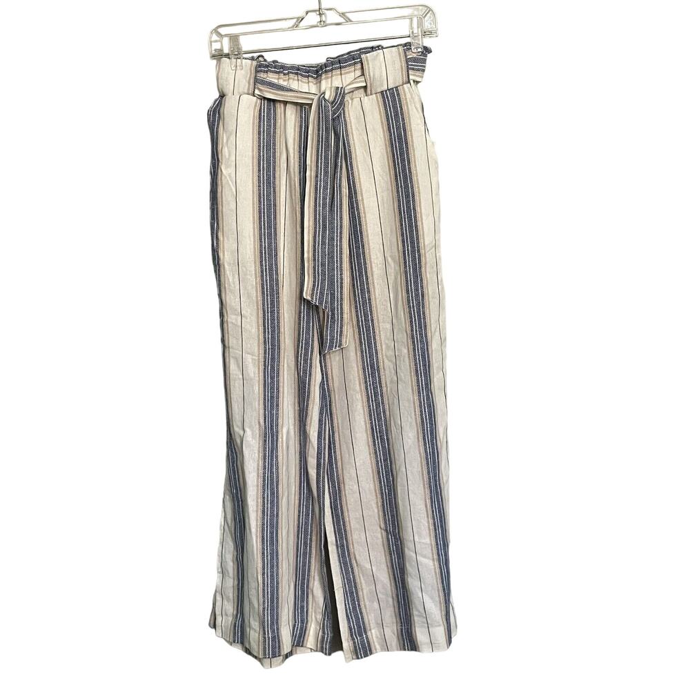 Indigo Rein Pants Linen Blend Striped Belted Waist Cropped Sz‎ Medium NWT